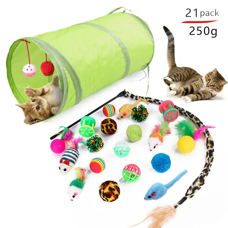 Interactive cat play set with foldable tunnel and feather teaser