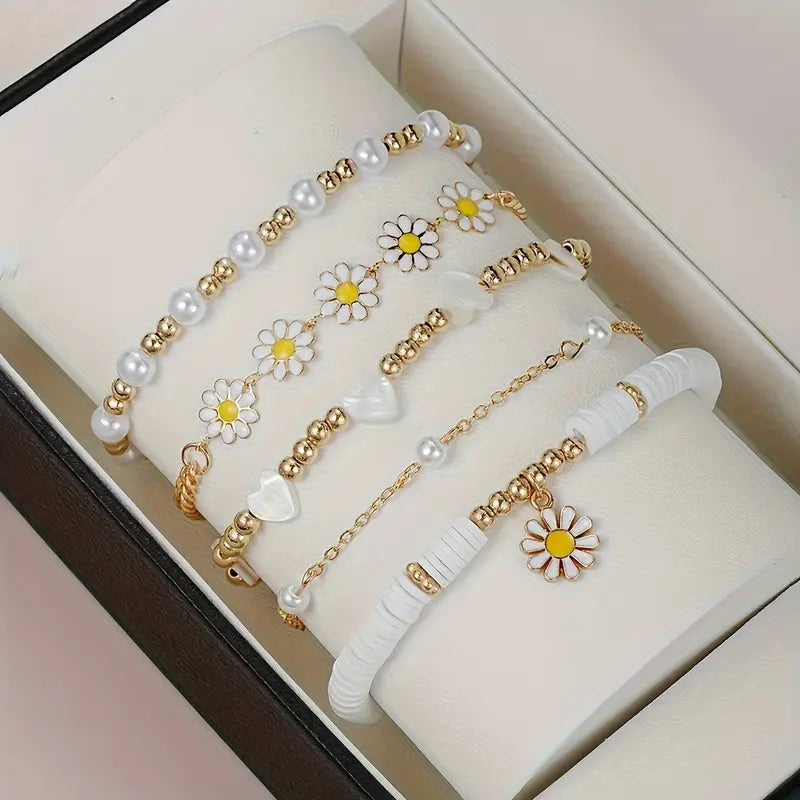 5PCS Heart-Shaped Imitation Pearl & Daisy Bracelet Set