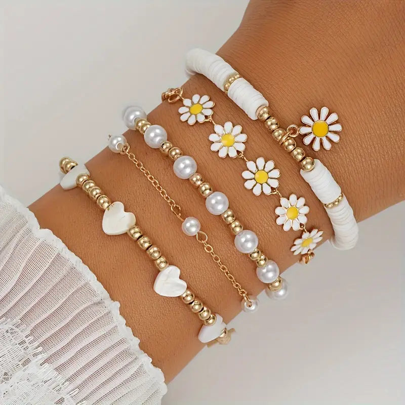 5PCS Heart-Shaped Imitation Pearl & Daisy Bracelet Set