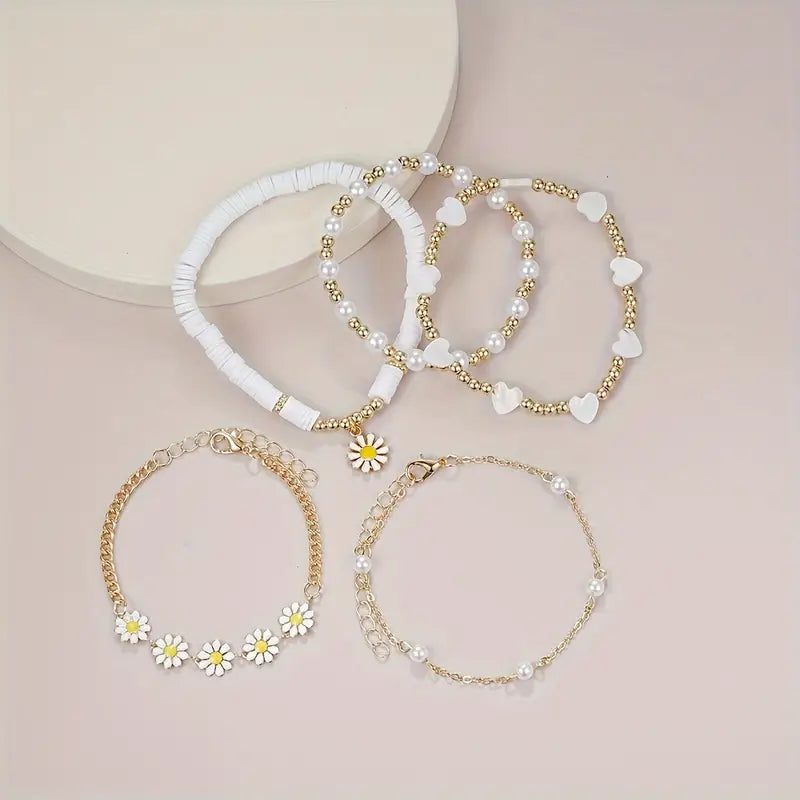 5PCS Heart-Shaped Imitation Pearl & Daisy Bracelet Set