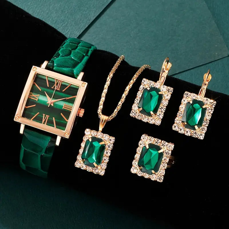 5pcs Women's Vintage Square Quartz Watch & Rhinestone Jewelry Set