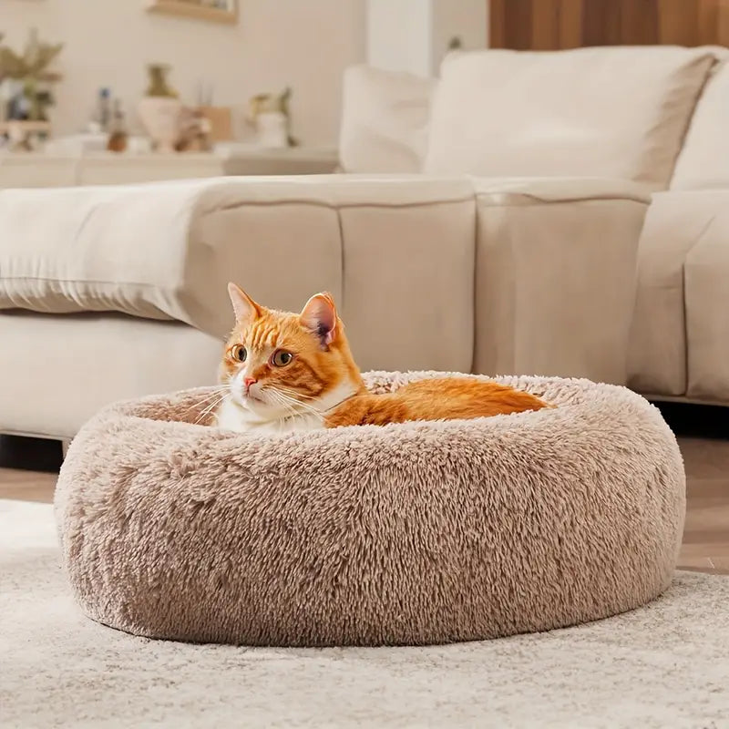 Fluffy donut cuddler bed with faux fur for pets