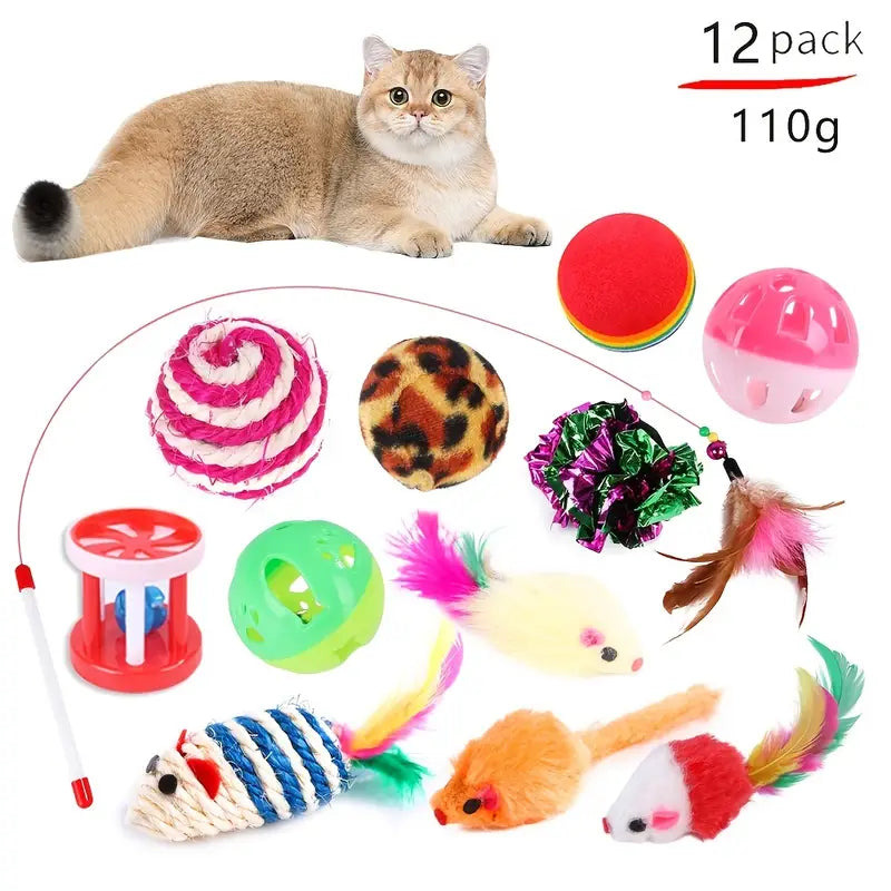 Interactive cat play set with foldable tunnel and feather teaser