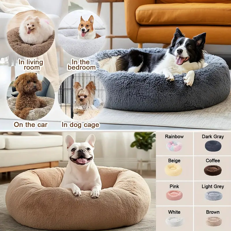 Fluffy donut cuddler bed with faux fur for pets