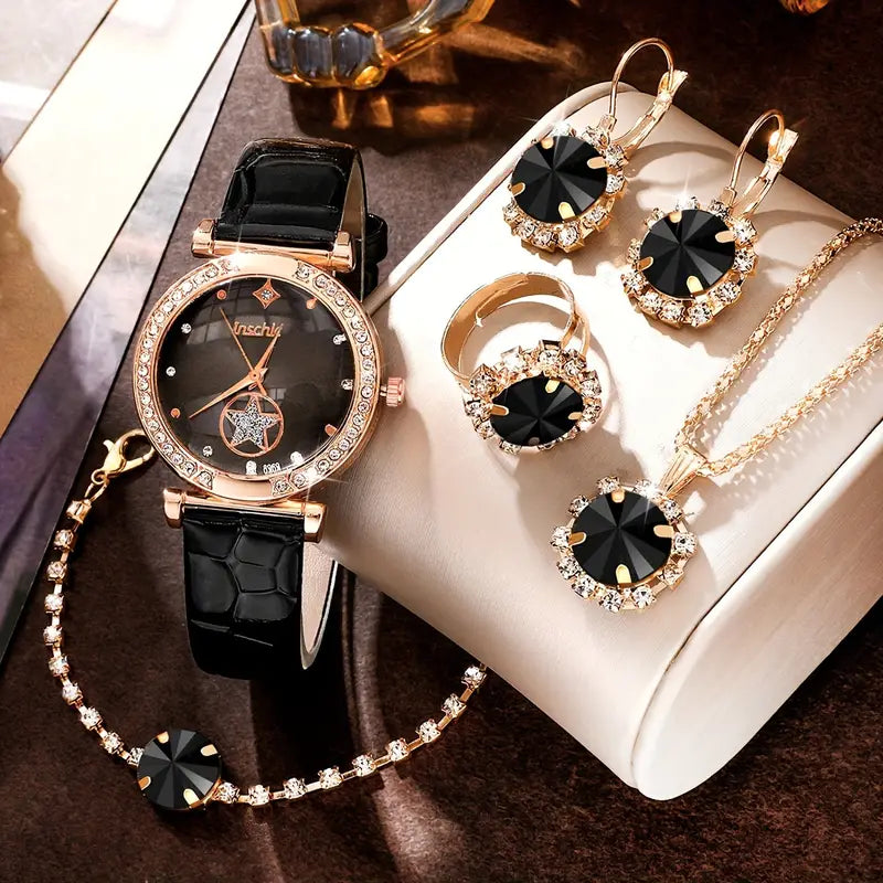 Luxury Rhinestone Accented Vintage Star Quartz Watch & Jewelry Set