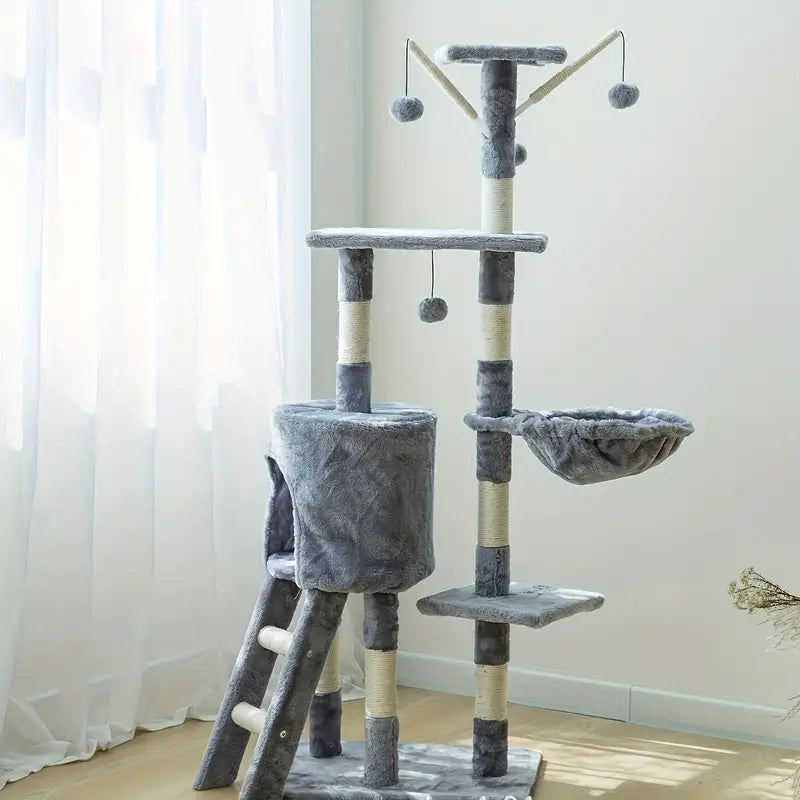 Cat climbing tower with scratching post and play ball