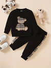 Bear embroidery toddler sweatshirt and splicing pants set