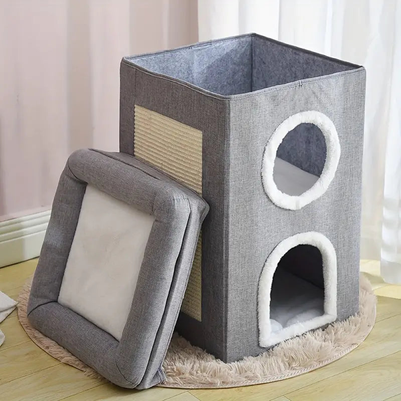 Washable and portable cat bed with scratching pad