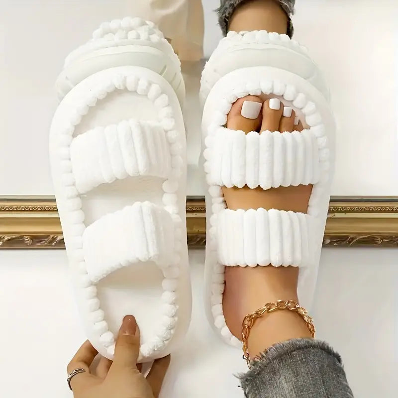 Soft plush double-strap slippers for cozy indoor comfort