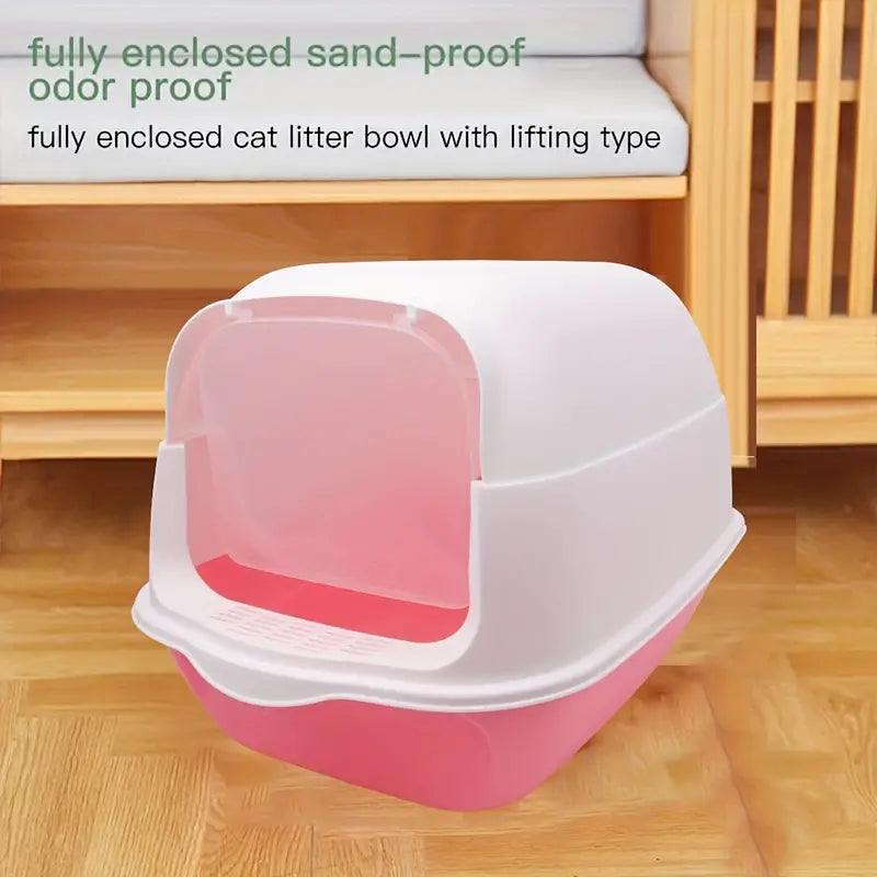 Fully enclosed cat litter box with shovel for odor control