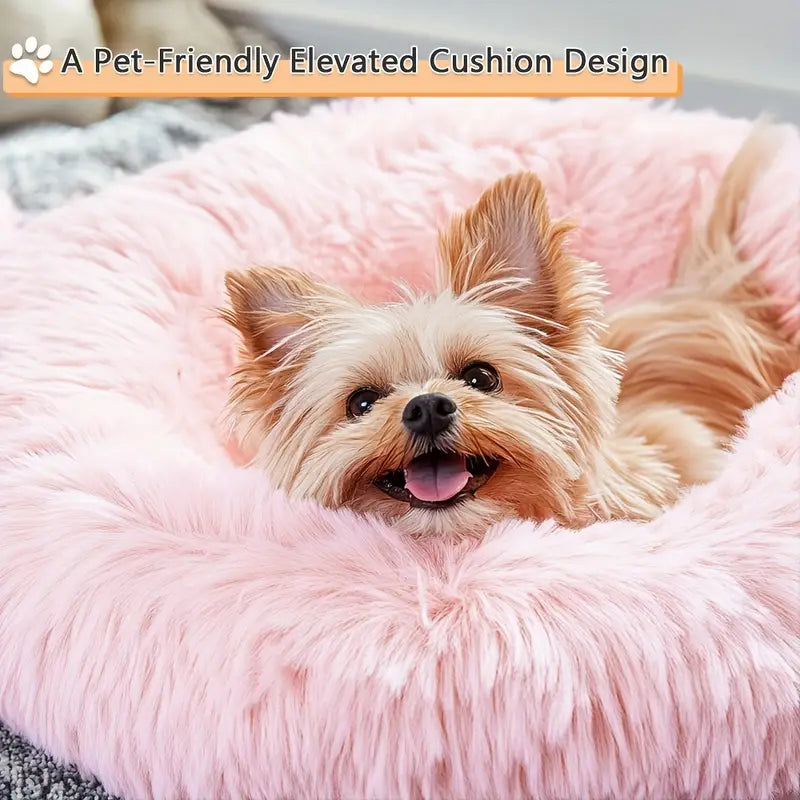 Fluffy donut cuddler bed with faux fur for pets