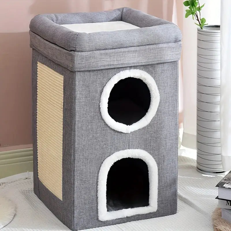 Washable and portable cat bed with scratching pad