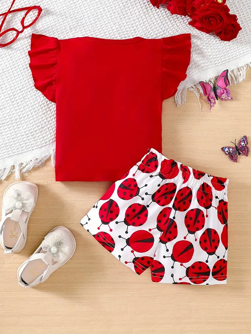 Baby girl ruffle sleeve T-shirt and ladybug shorts set