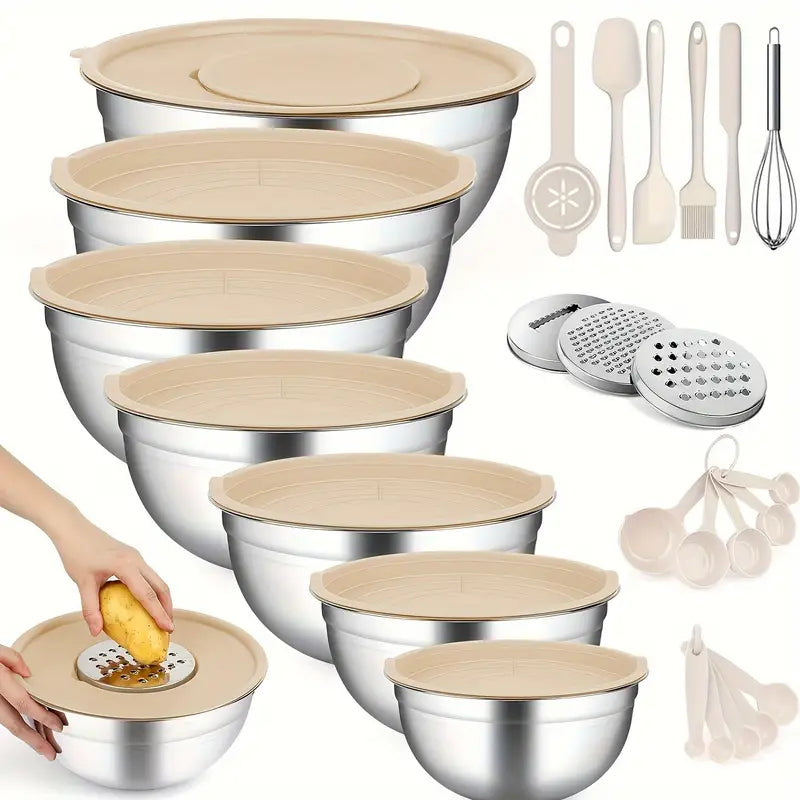 26-Piece Stainless Steel Mixing Bowls Set with Lids & Graters