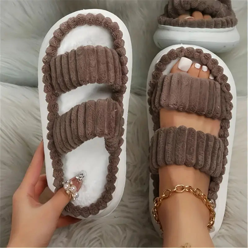 Soft plush double-strap slippers for cozy indoor comfort