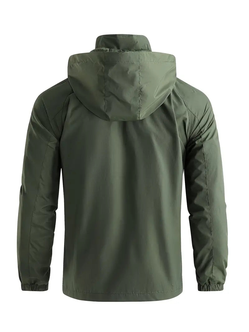 Waterproof hooded windbreaker jacket for men with raglan sleeves