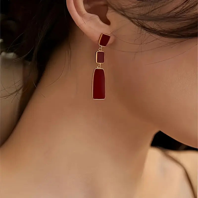 Geometric red pendant earrings, hypoallergenic stainless steel