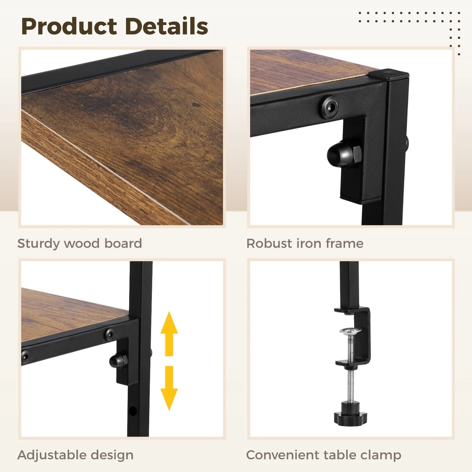 Clamp-on desk organizer shelf with 2-tier metal storage