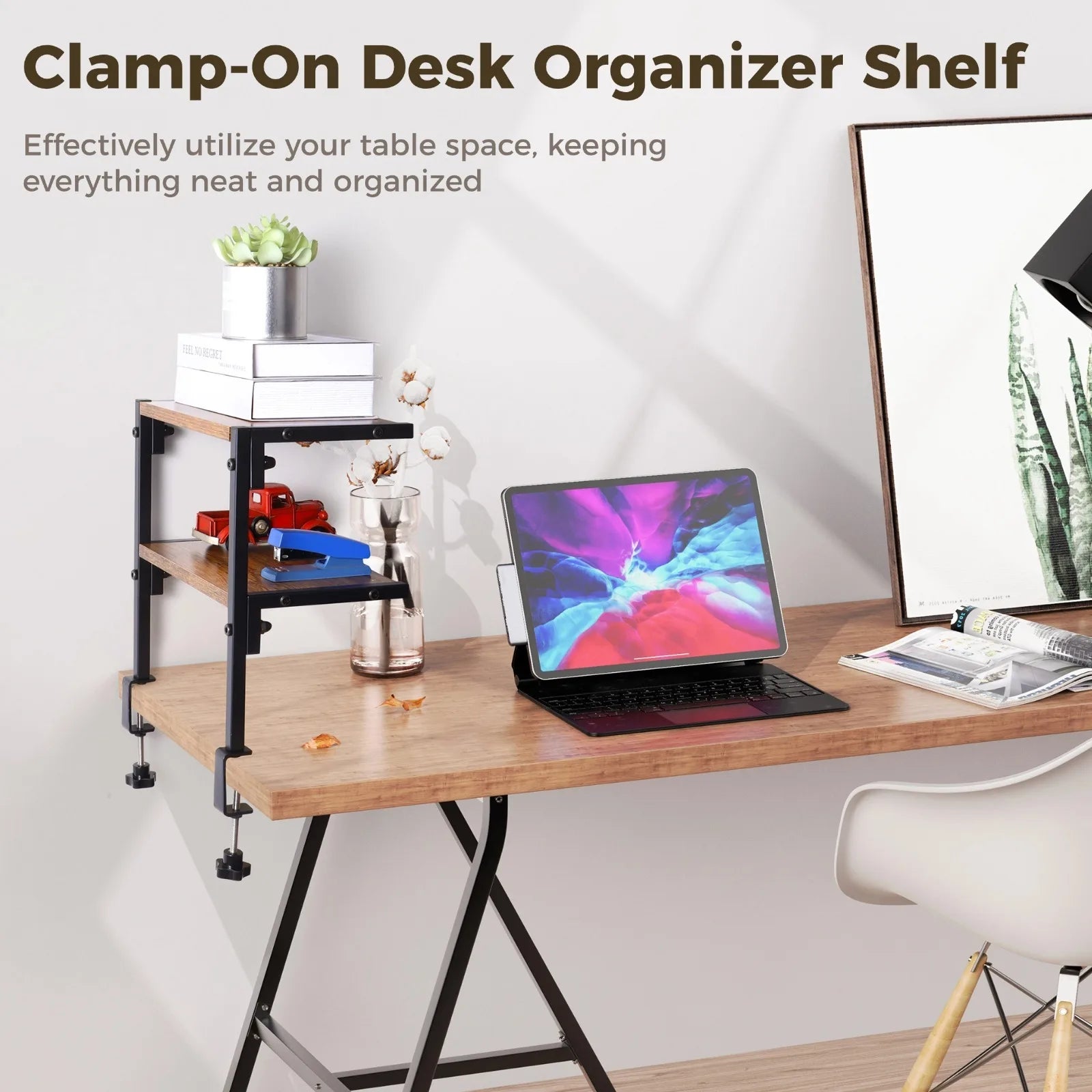 Clamp-on desk organizer shelf with 2-tier metal storage