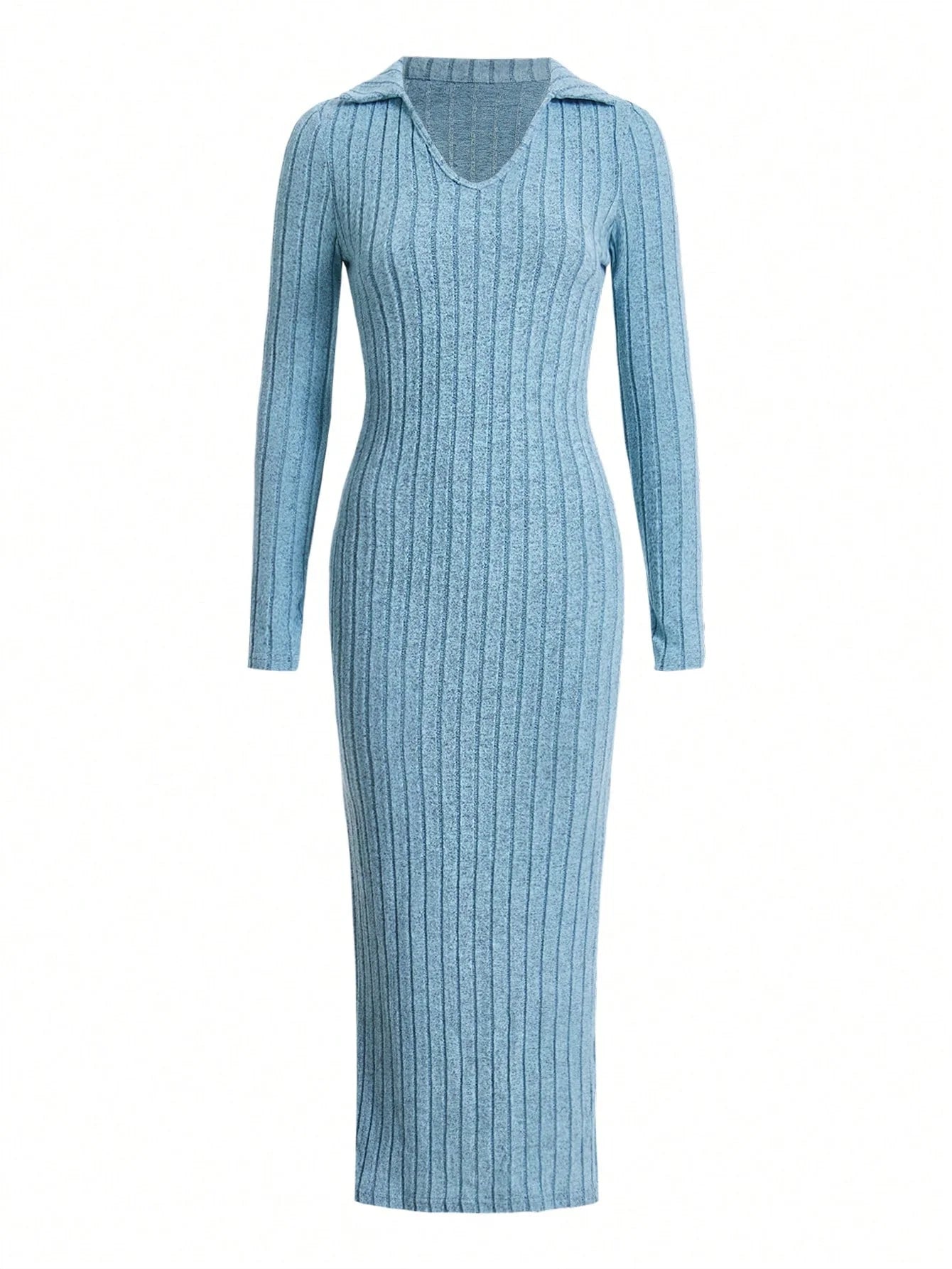 Sexy knit V-neck split dress for women with full sleeves