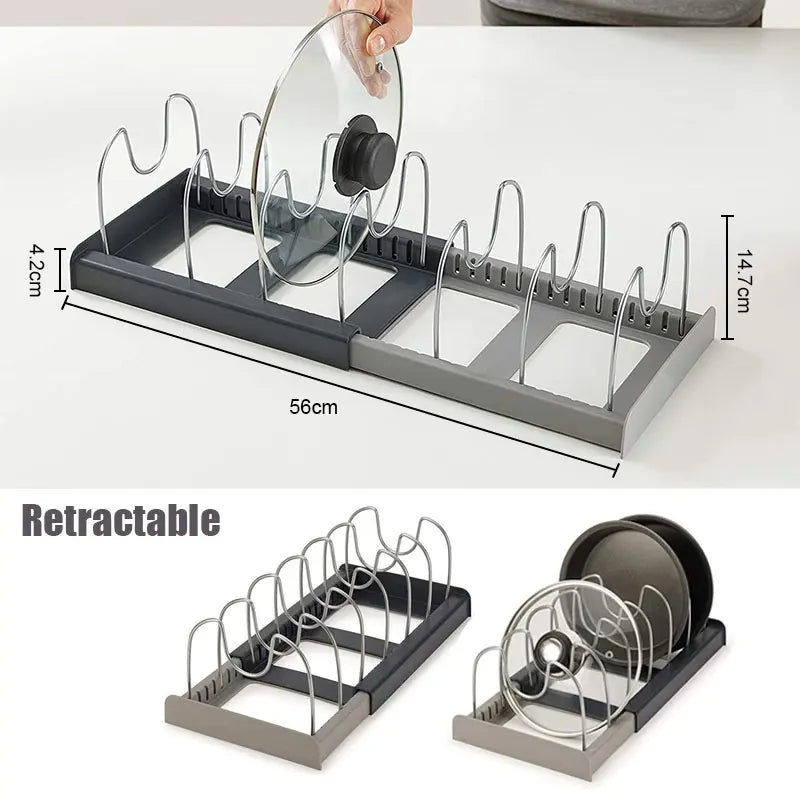 Expandable pot and pan storage organizer for kitchens