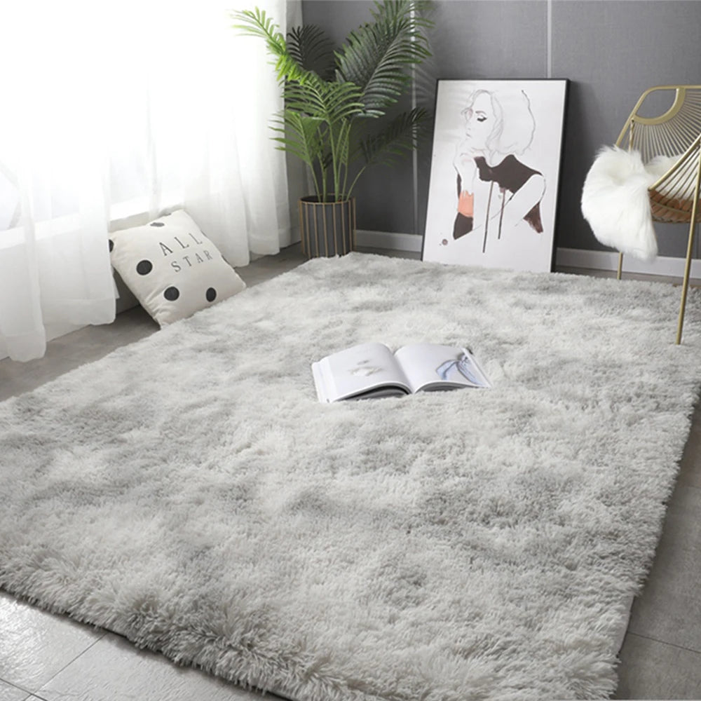 Gray plush carpet for living room, soft and fluffy rug