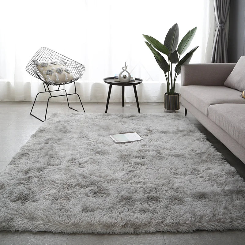 Gray plush carpet for living room, soft and fluffy rug