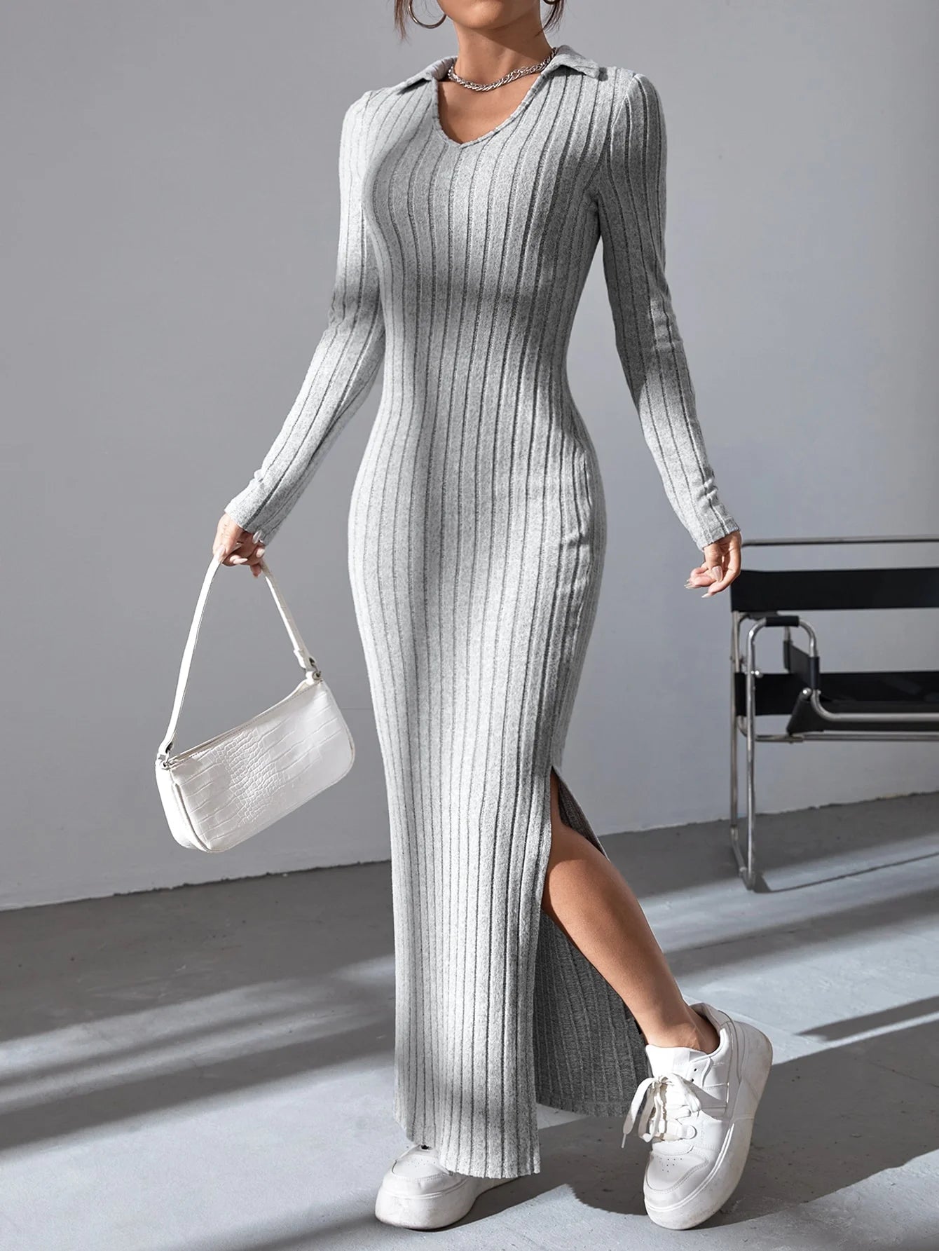 Sexy knit V-neck split dress for women with full sleeves