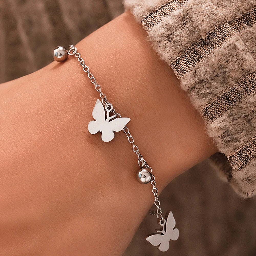 Stainless steel butterfly bracelet with bead chain