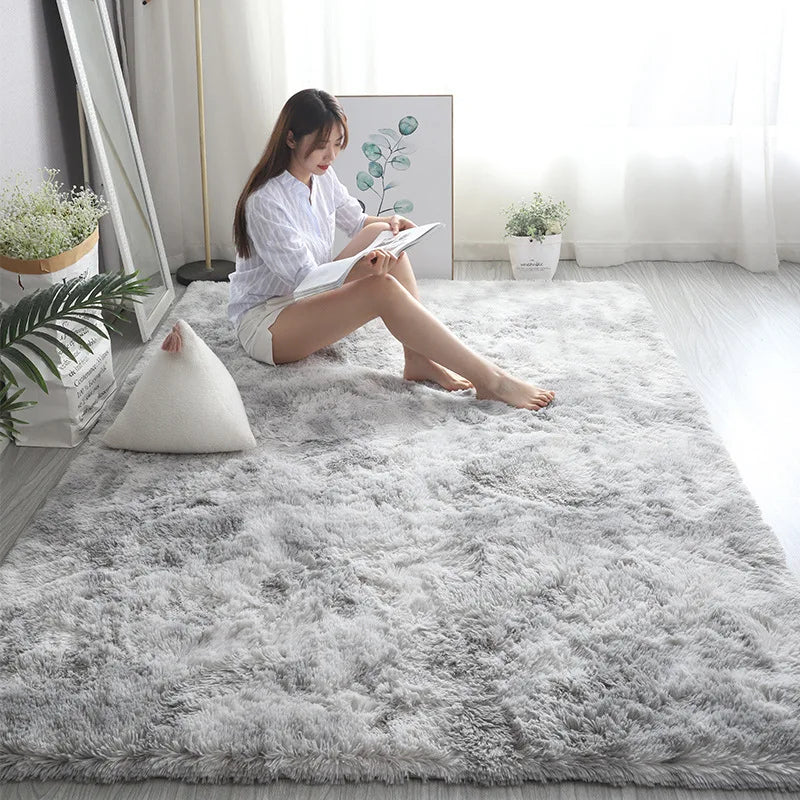 Gray plush carpet for living room, soft and fluffy rug