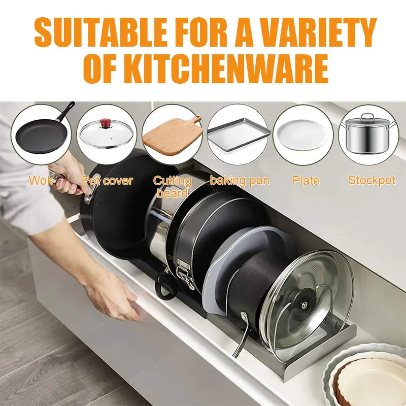 Expandable pot and pan storage organizer for kitchens