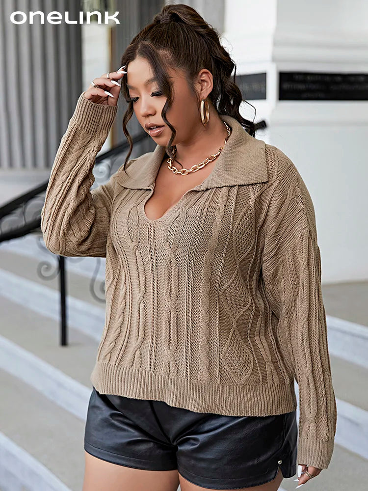 Big Cowl Neck Plus Size Sweater with Cable Pattern Design