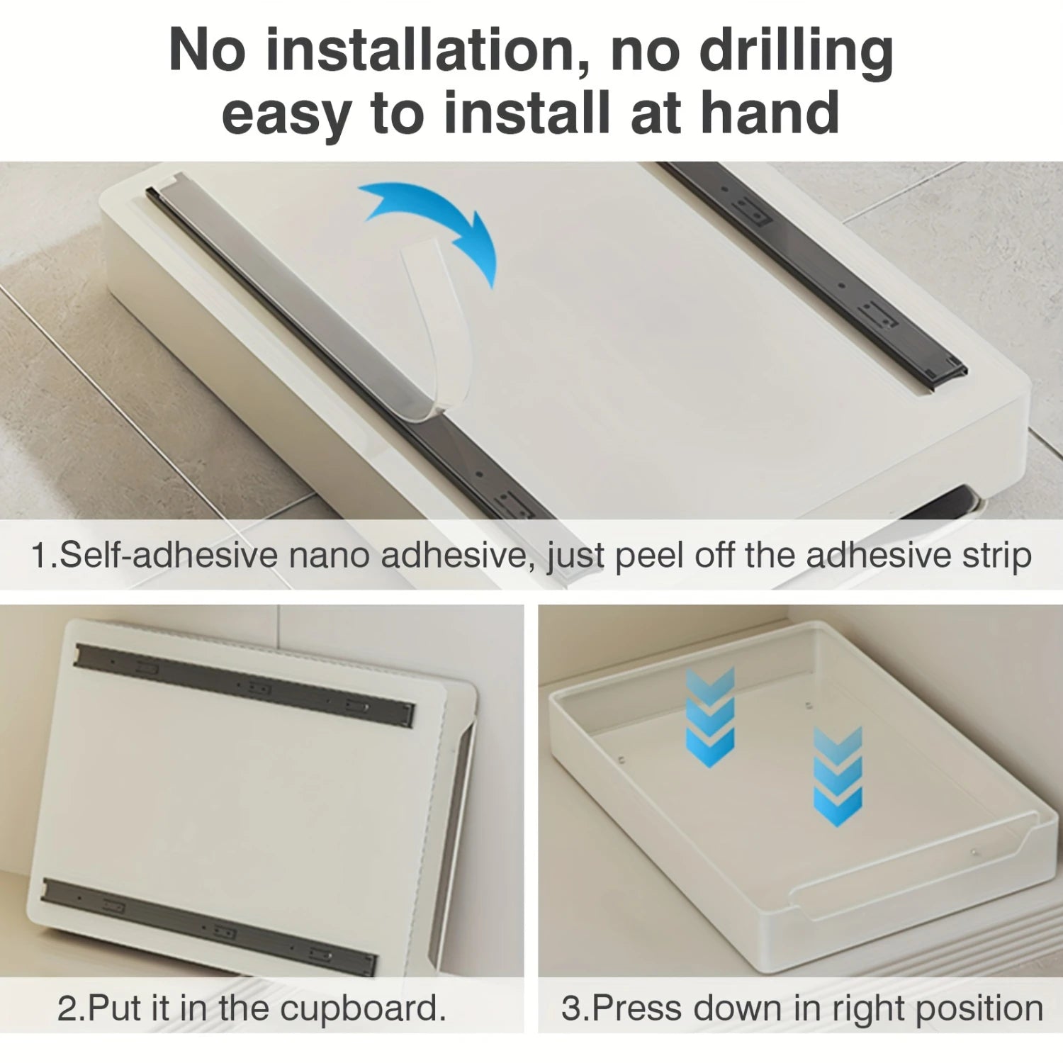 Heavy-duty pull-out cabinet organizer with nano adhesive installation