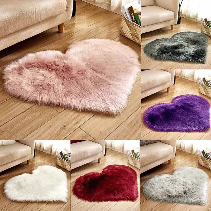 Fluffy heart-shaped faux sheepskin rug for home décor