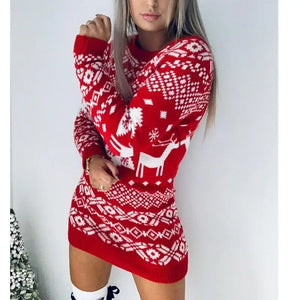 Festive knitted Christmas women sweater dress in red