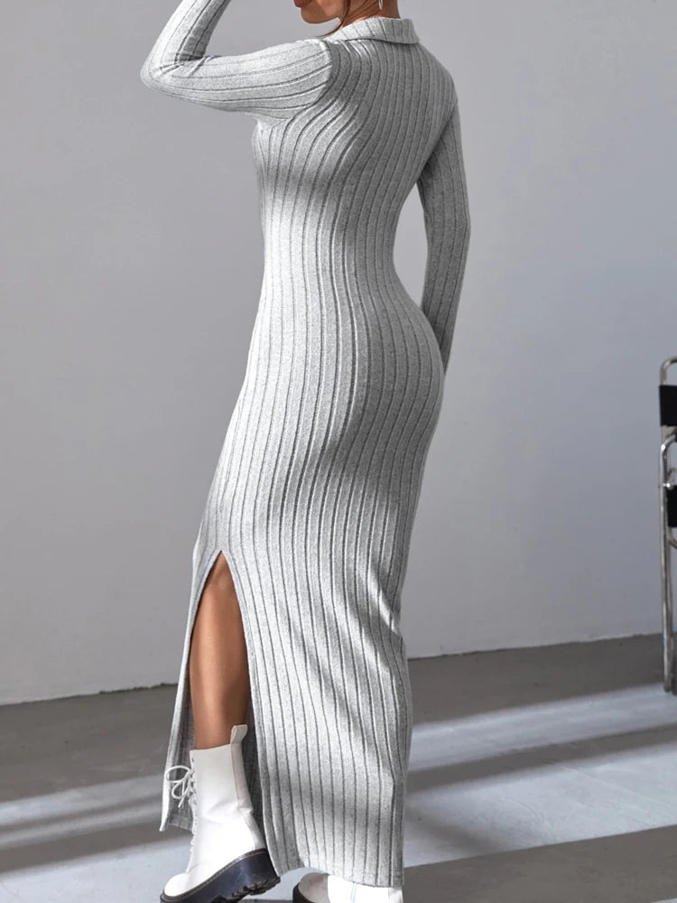 Sexy knit V-neck split dress for women with full sleeves