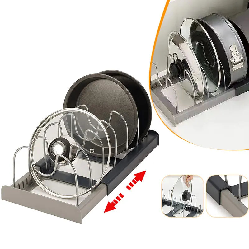 Expandable pot and pan storage organizer for kitchens