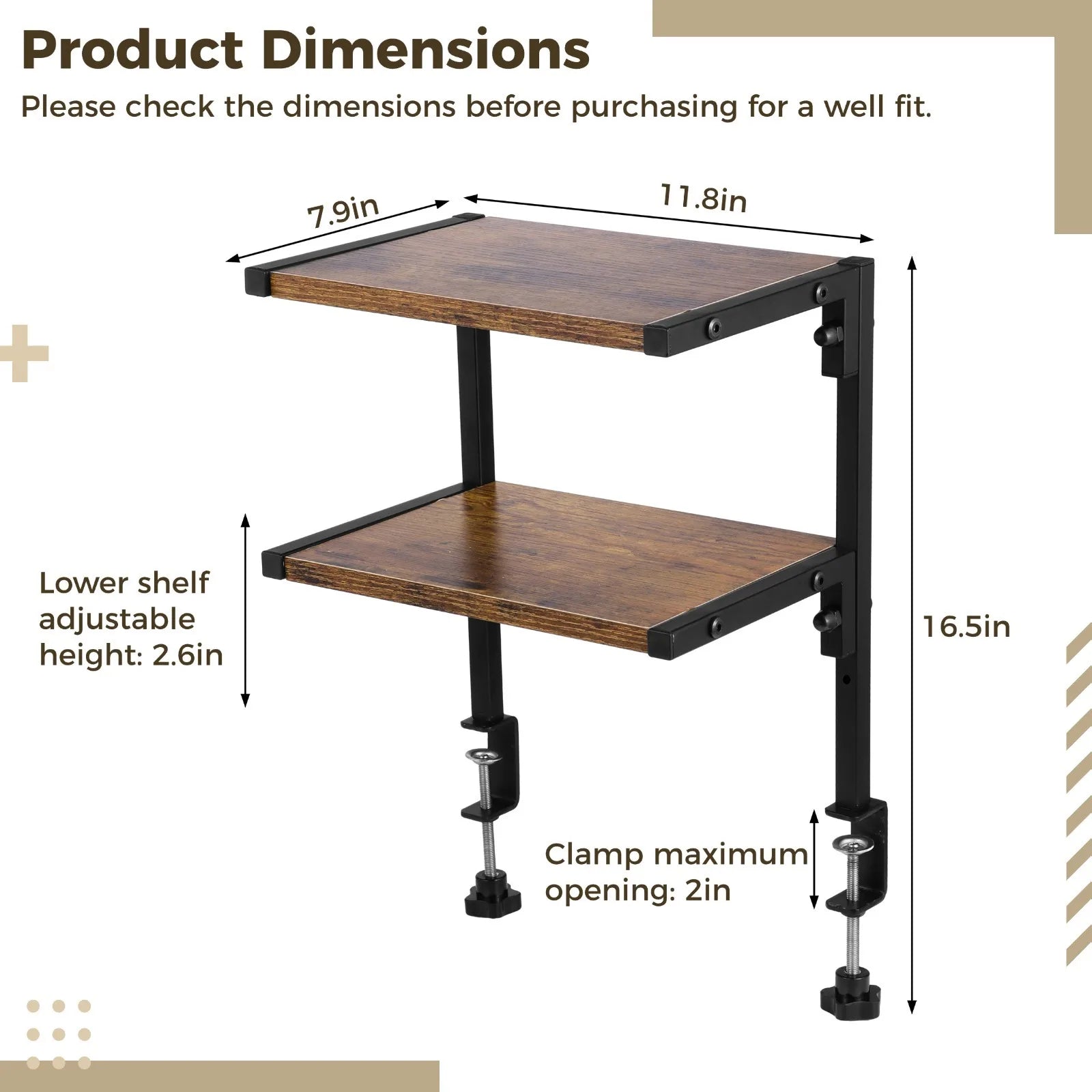 Clamp-on desk organizer shelf with 2-tier metal storage