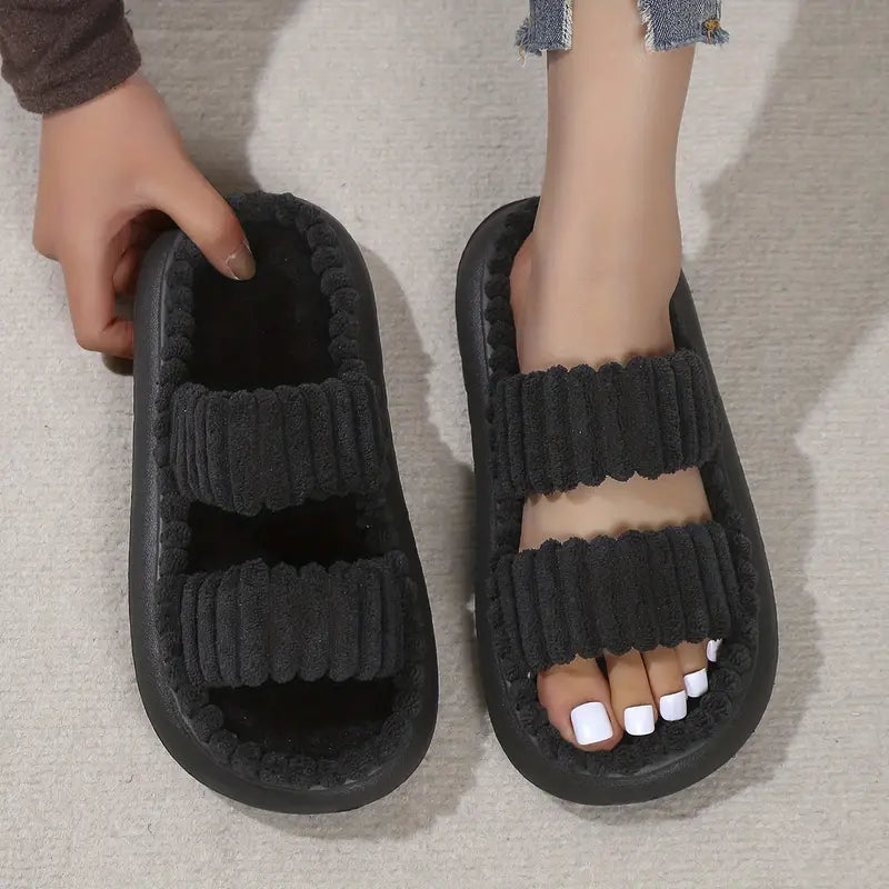 Soft plush double-strap slippers for cozy indoor comfort