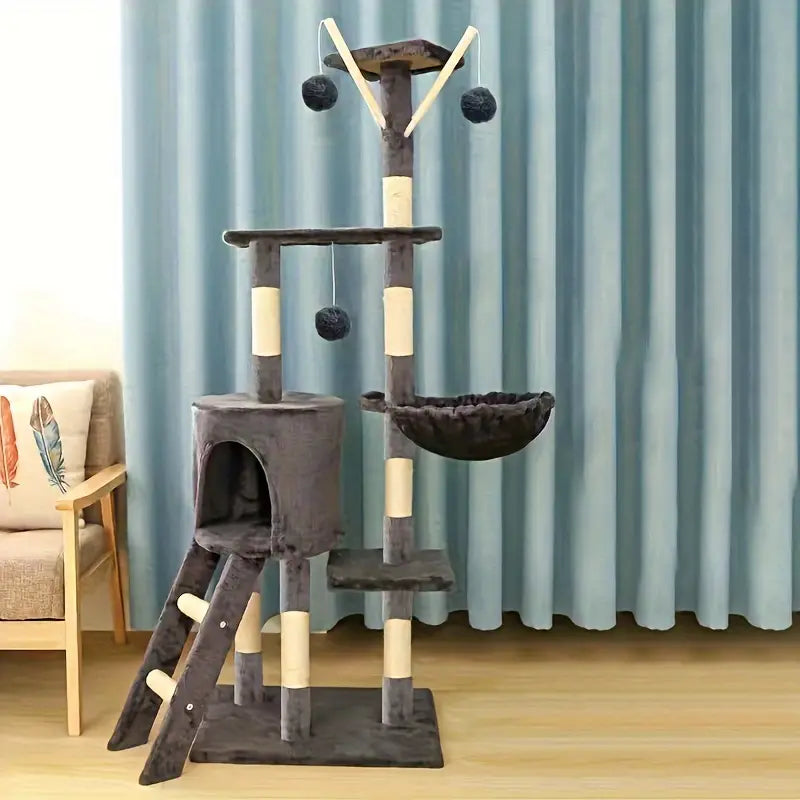 Cat climbing tower with scratching post and play ball