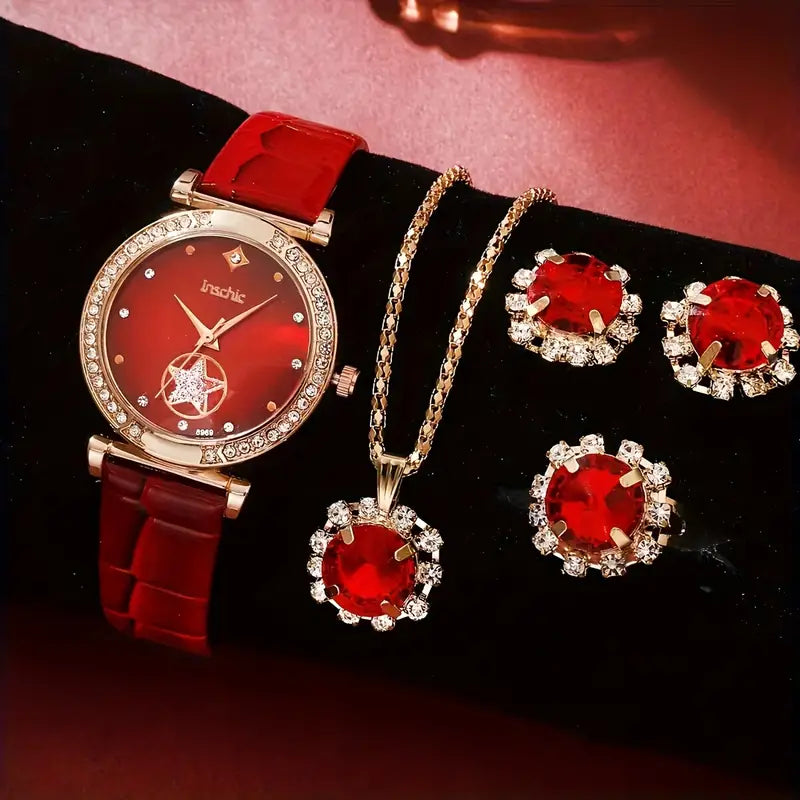 Luxury Rhinestone Accented Vintage Star Quartz Watch & Jewelry Set