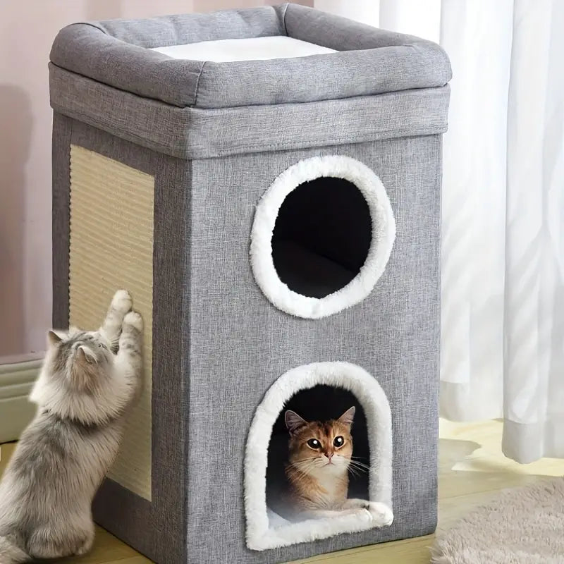 Washable and portable cat bed with scratching pad