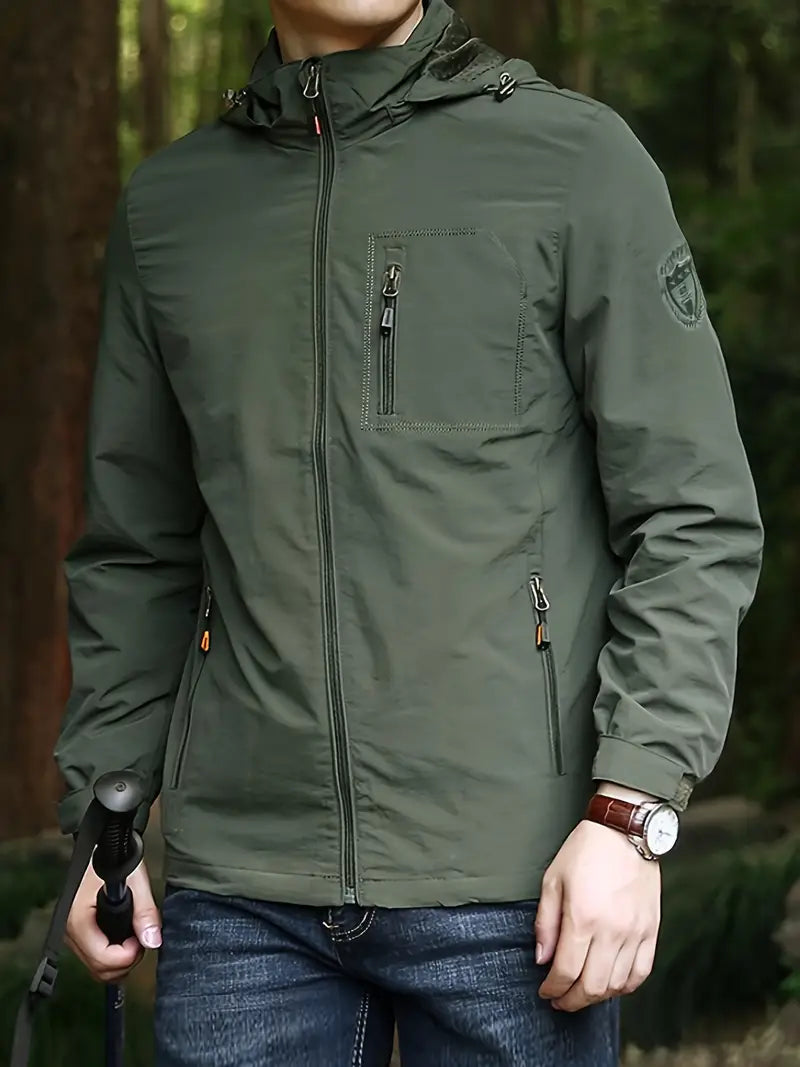 Waterproof hooded windbreaker jacket for men with raglan sleeves