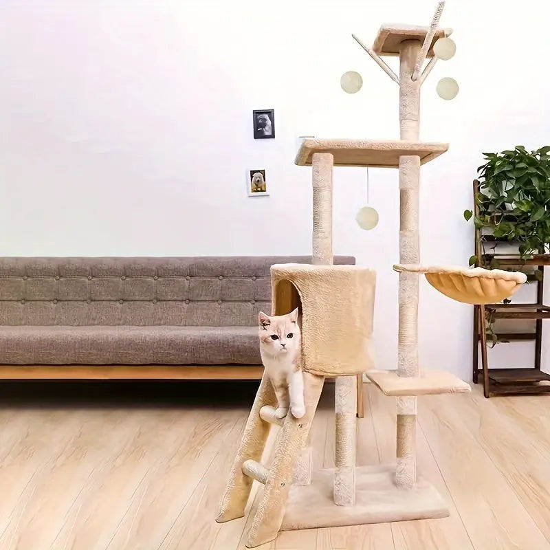 Cat climbing tower with scratching post and play ball