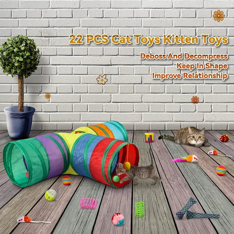 Interactive cat play set with foldable tunnel and feather teaser