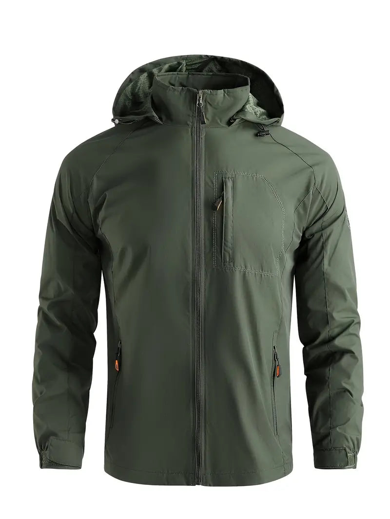 Waterproof hooded windbreaker jacket for men with raglan sleeves