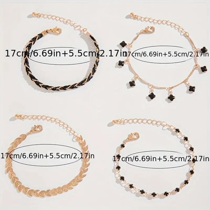 4PCS Black Thin Chain Bracelet Set