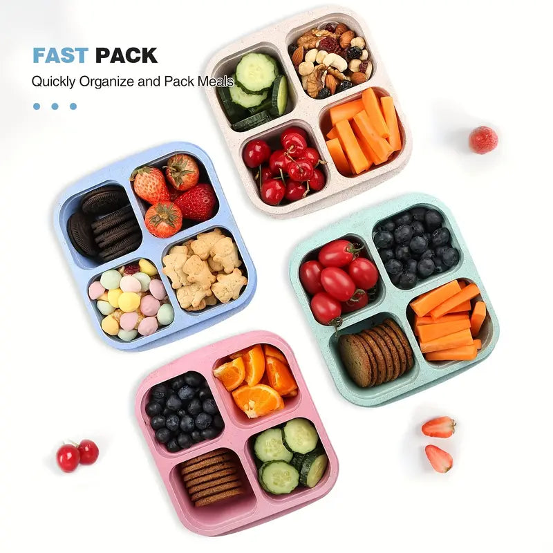 Bento snack container with 4 compartments and transparent lids