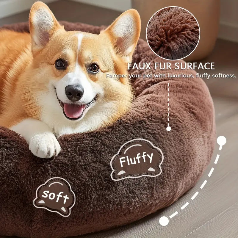 Fluffy donut cuddler bed with faux fur for pets