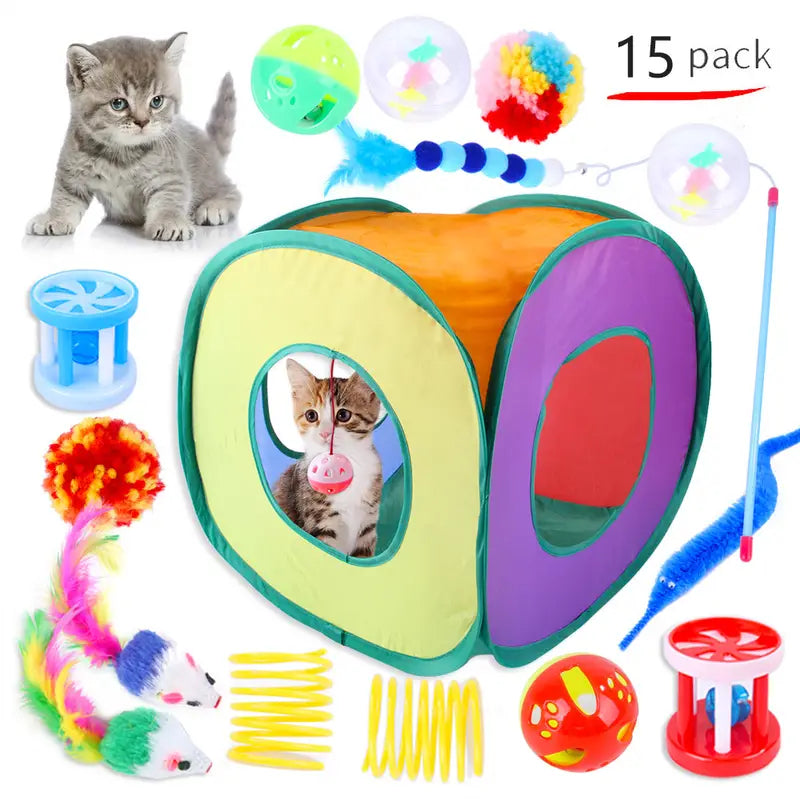 Interactive cat play set with foldable tunnel and feather teaser